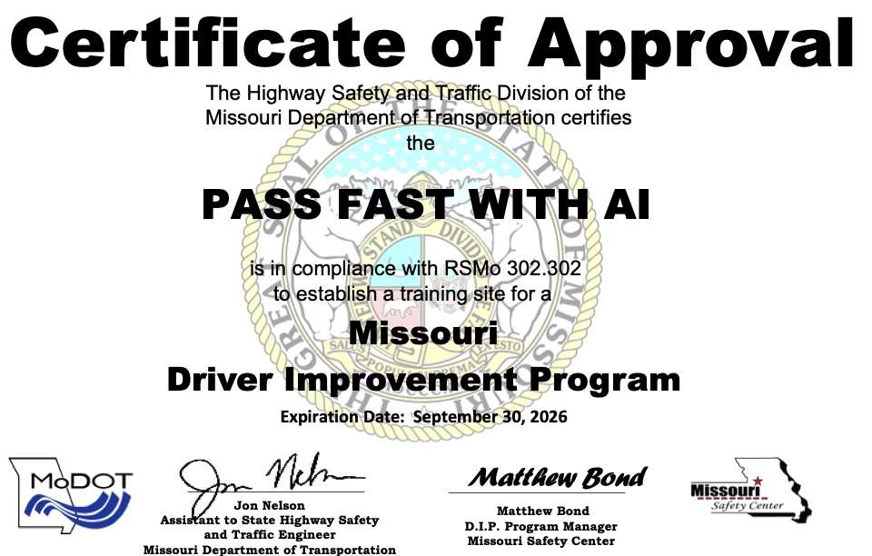 Missouri operating license for Pass Fast With AI, #OL028