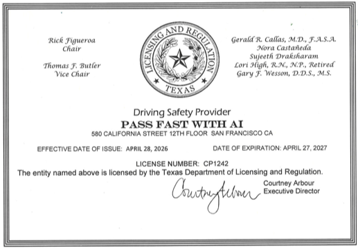 Texas operating license for Pass Fast With AI, #CP1242
