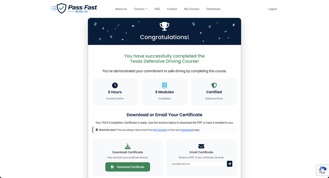 The end of the course on a laptop: a congratulations panel, the hours and modules completed, and buttons to download or email the completion certificate.
