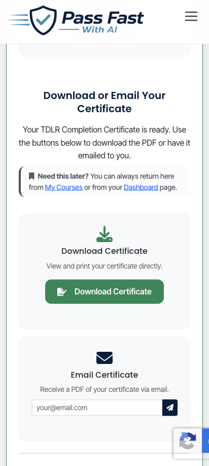 The same completion screen on a phone, with the certificate ready to download or be emailed.